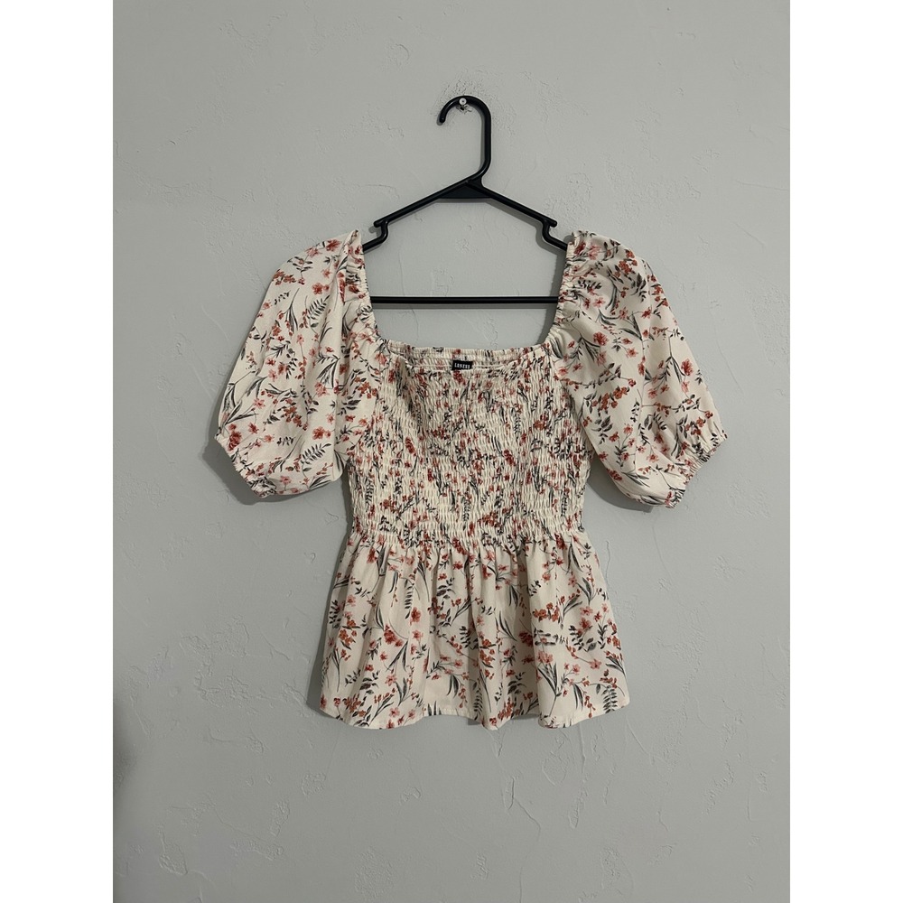 Loness Floral Smocked Peplum Top Square Neck Puff‎ Sleeve Blouse XS - Picture 3 of 5